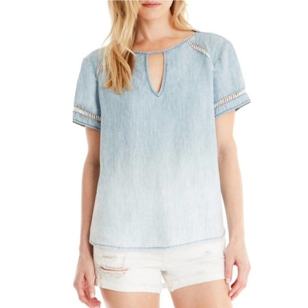 Michael Stars Blouse XS Blue Chambray Embroidered Inset Boho Casual